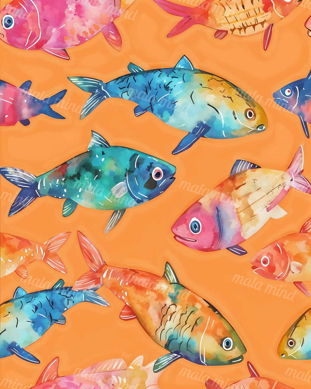 Colorful watercolor-style fish arranged in a repeating pattern on a bright orange background — 02_master_artwork