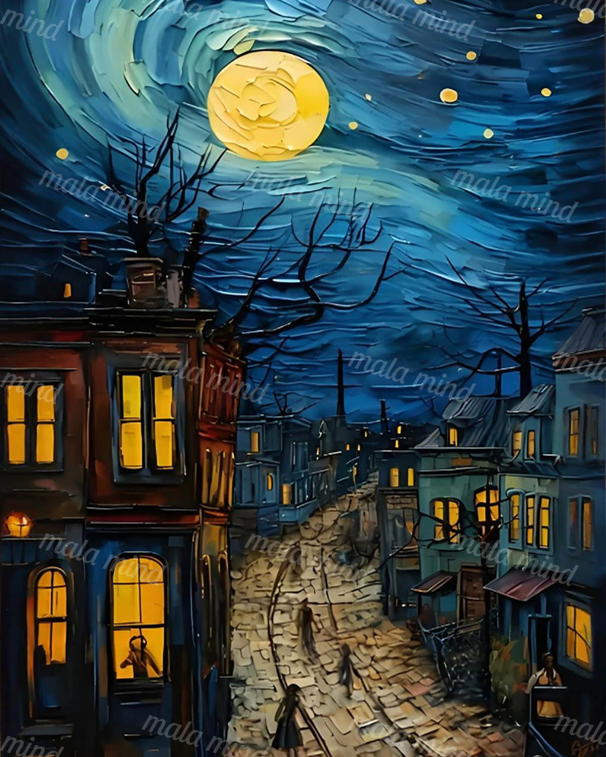 Moonlit cobblestone village street with glowing windows, bare trees, stars, and a large golden moon — 02_master_artwork