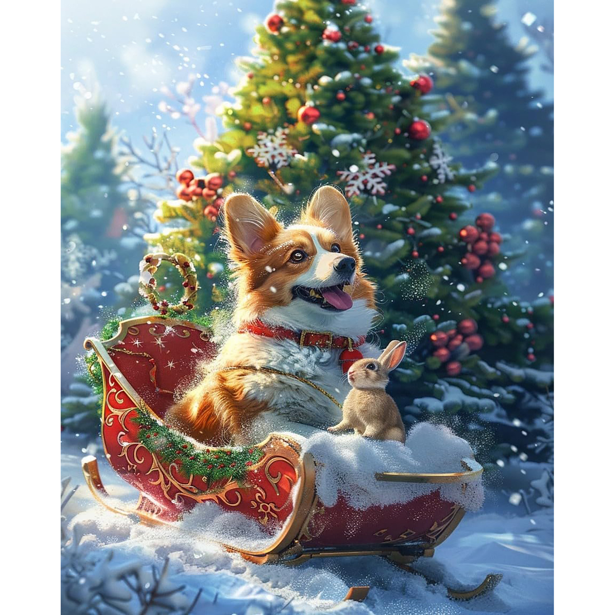 Corgi and rabbit riding in a red Christmas sleigh through a snowy evergreen forest
