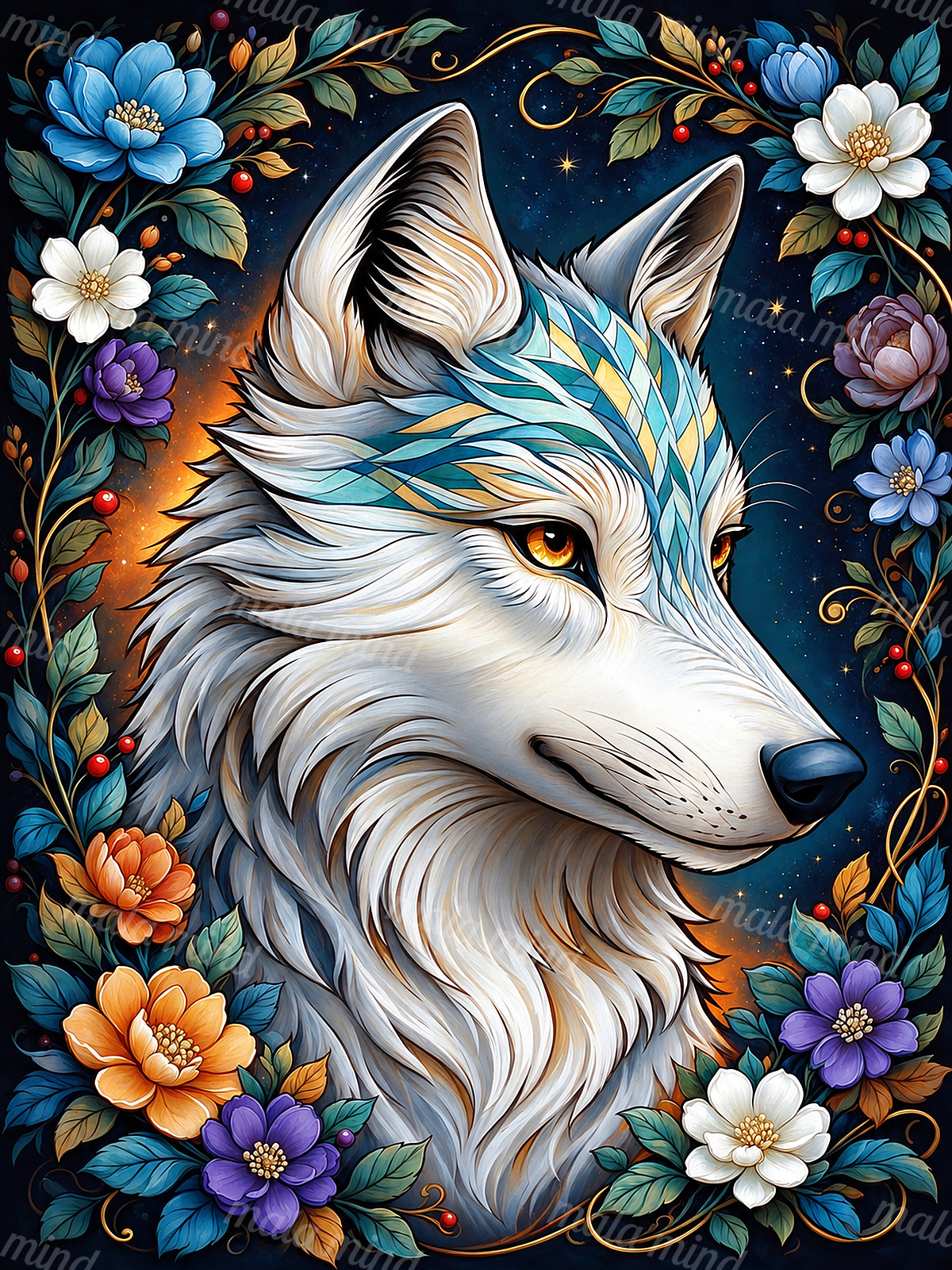 White wolf with amber eyes and blue-gold markings framed by colorful flowers against a starry navy background. — 02_master_artwork