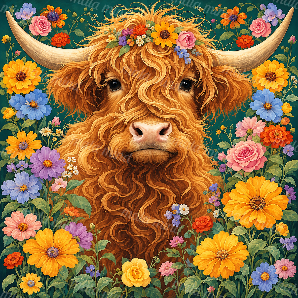 Front-facing shaggy horned cow with a floral crown surrounded by colorful flowers and green foliage. — 02_master_artwork
