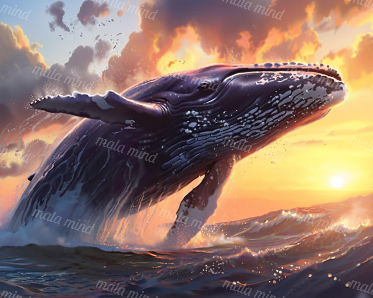 Breaching humpback whale rising through ocean waves beneath a glowing orange sunset sky — 02_master_artwork
