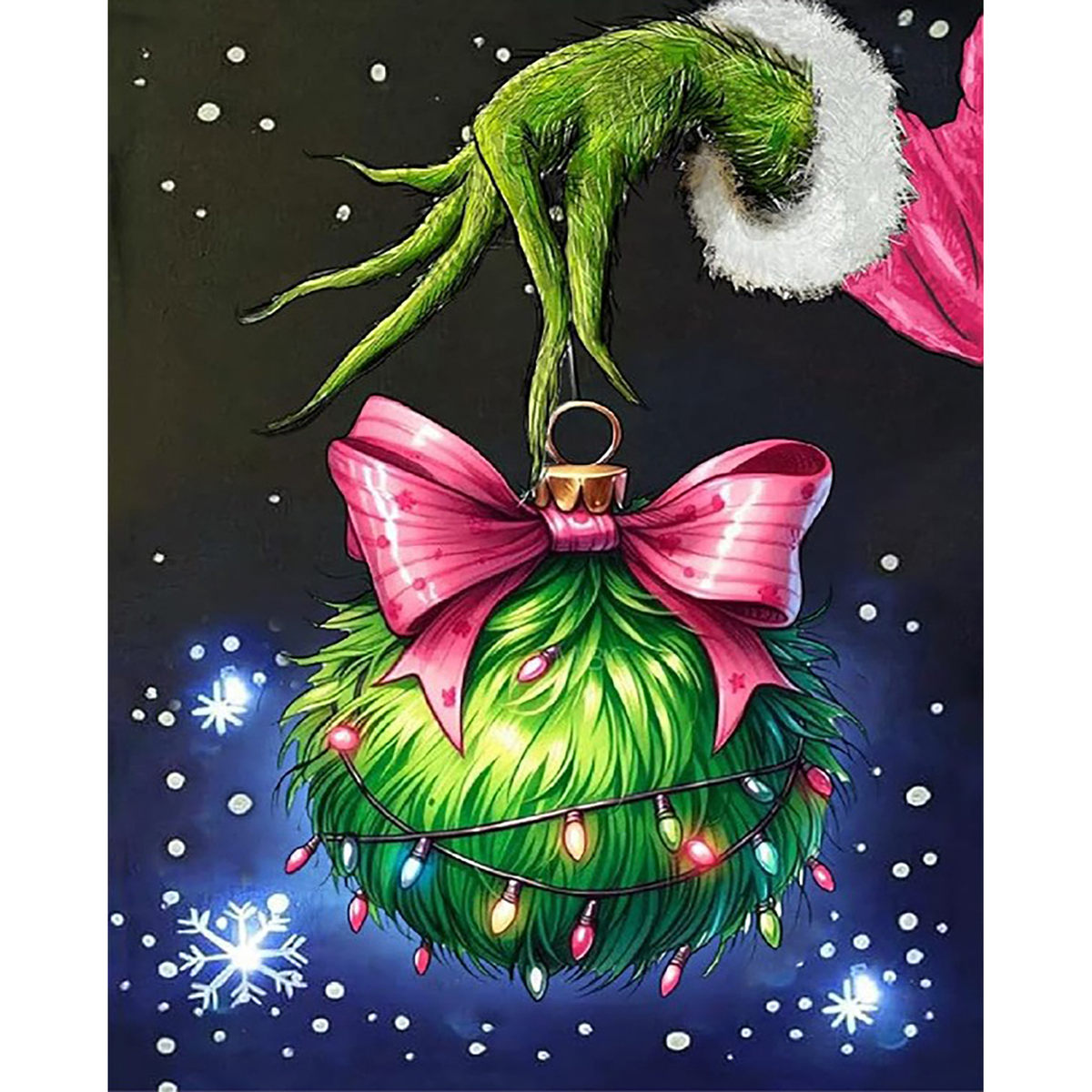 Green Christmas tree ornament with a large pink bow, colorful lights, and snowflakes on a dark blue background