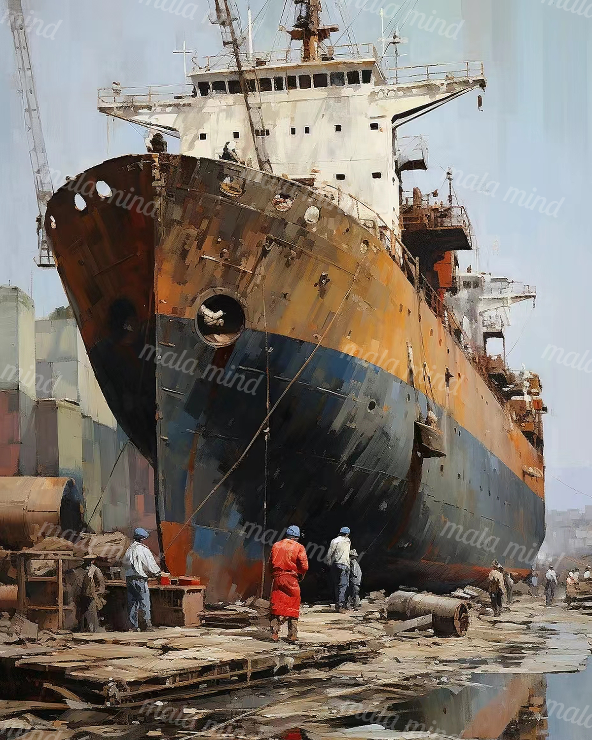 Towering weathered cargo ship with workers on a busy industrial shipyard dock — 02_master_artwork