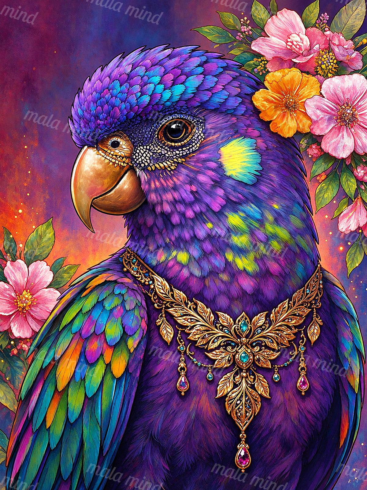 Ornate purple-blue bird with gold jewelry, colorful feathers, and pink and orange flowers — 02_master_artwork