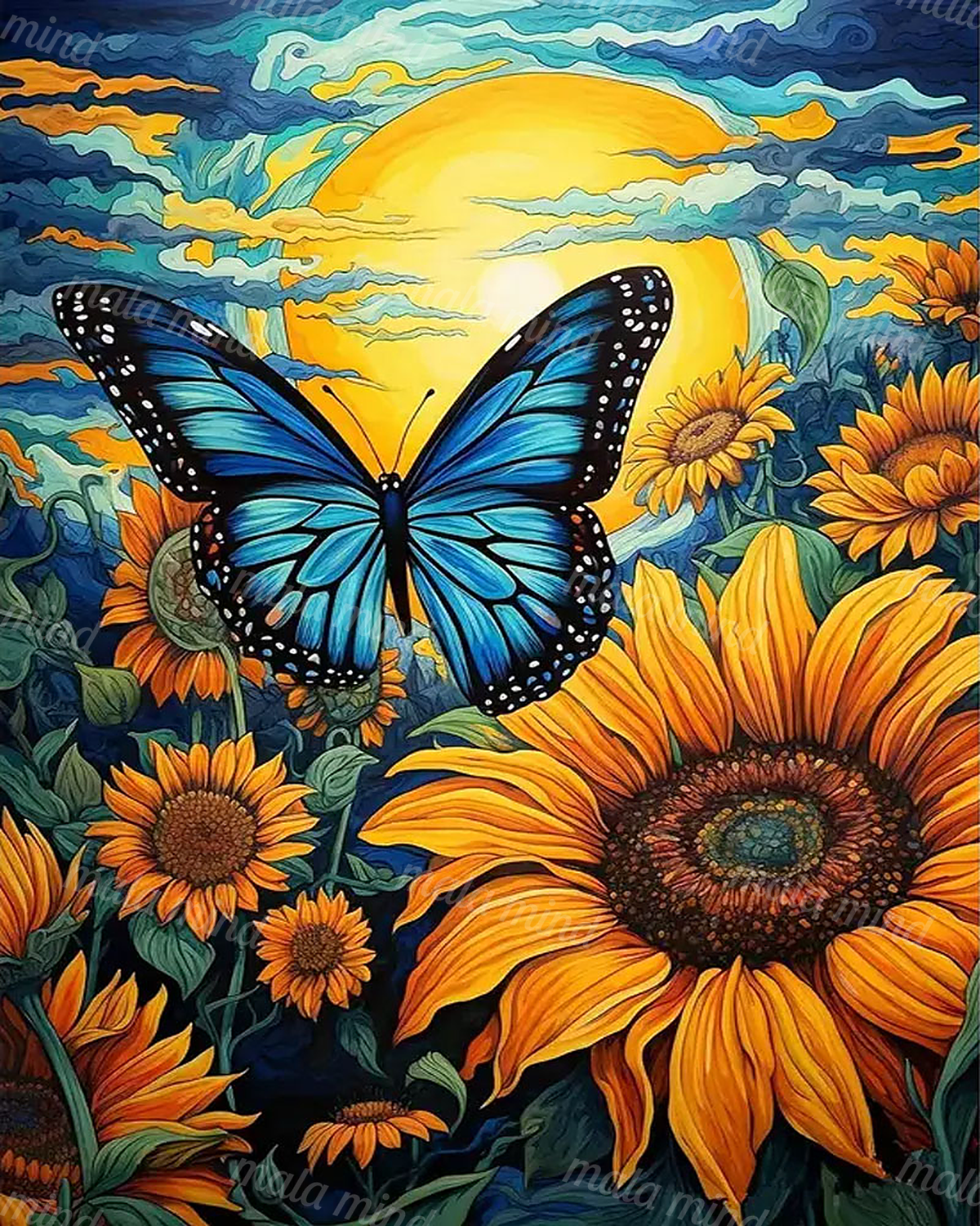 Blue butterfly centered among bright sunflowers beneath a glowing yellow sun and swirling blue clouds — 02_master_artwork