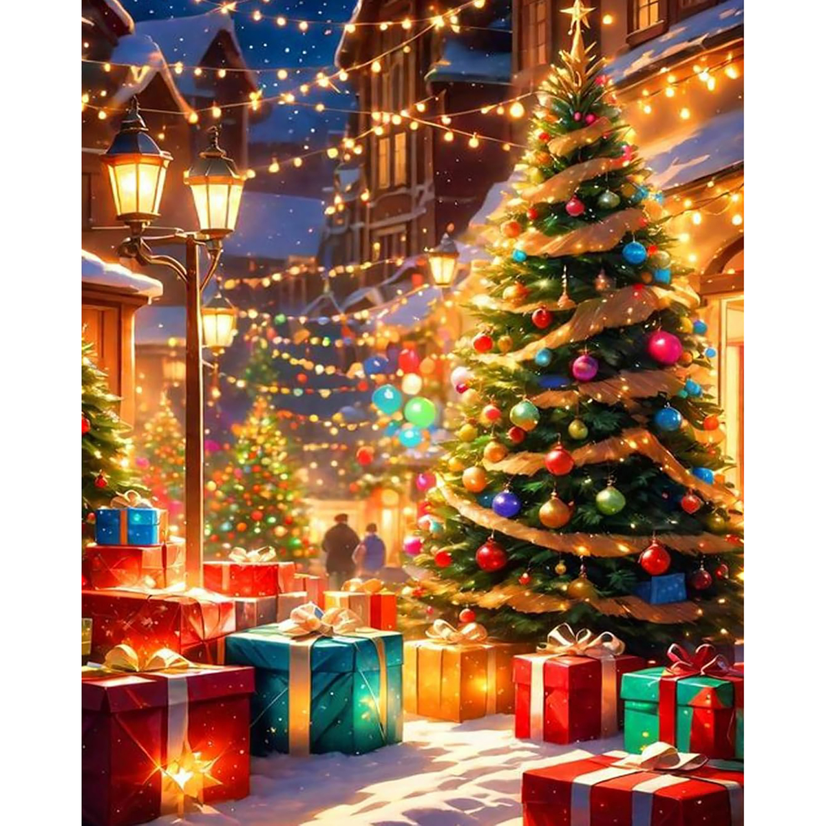 MalaMind Gallery V3 | 02 Master Artwork | CH-260921-079 | Decorated Christmas tree with gifts and glowing lights on a snowy village street
