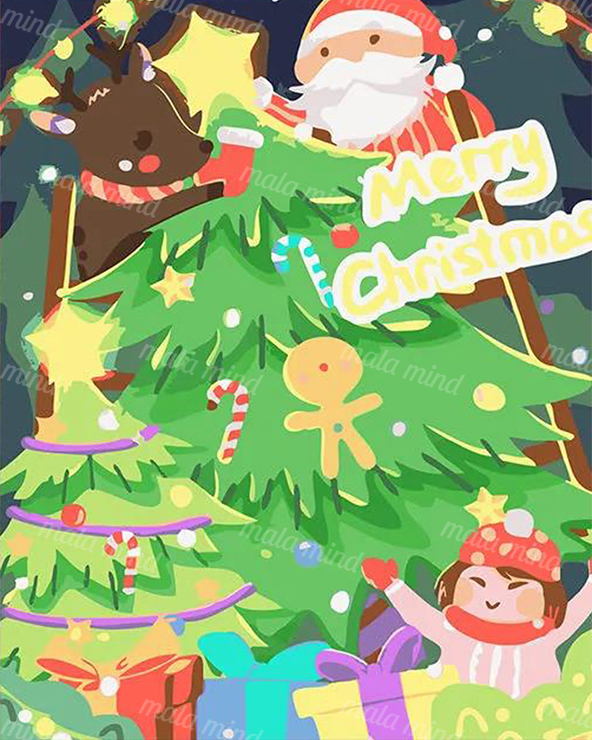 Colorful cartoon Christmas tree with Santa, reindeer, child, ornaments, candy canes, and wrapped gifts — 02_master_artwork