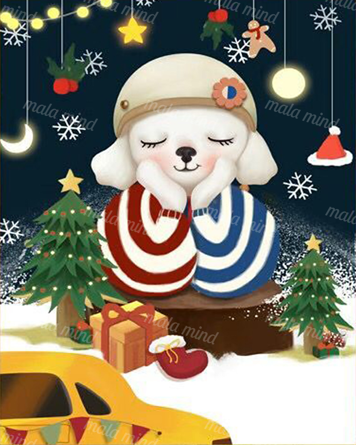 Two sleeping white dogs in striped scarves surrounded by Christmas trees, gifts, snowflakes, and lights. — 02_master_artwork