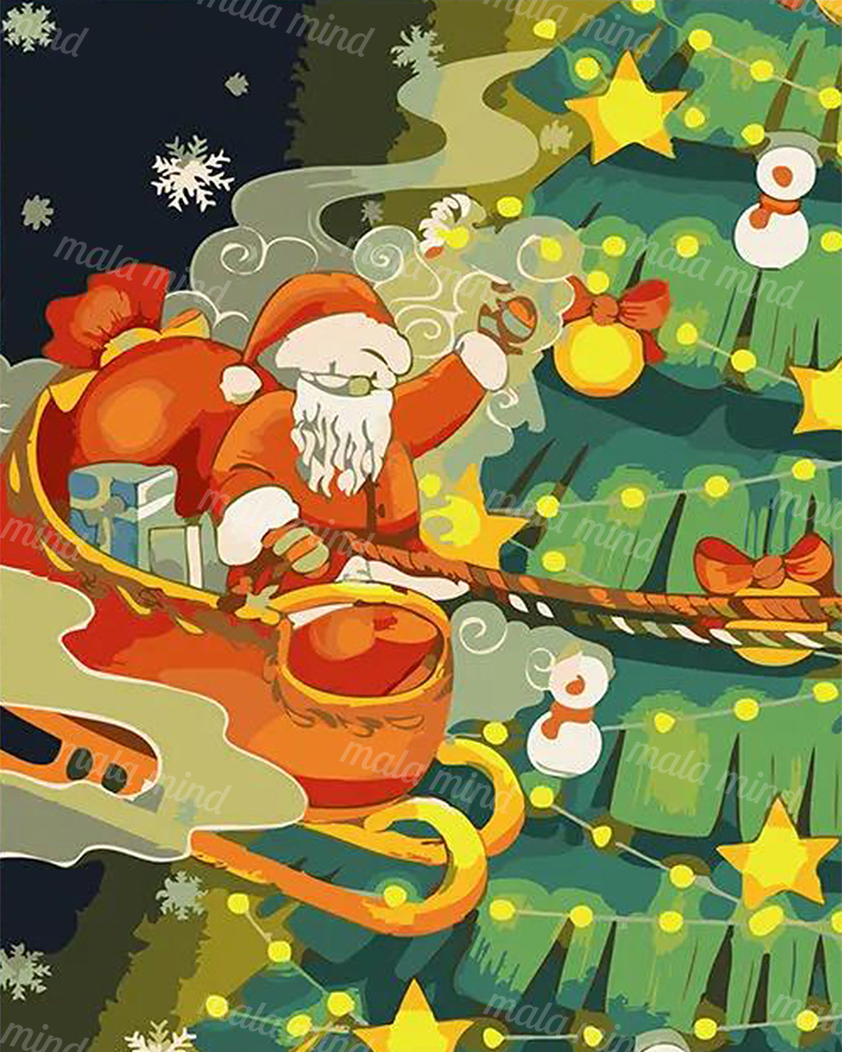 Santa with a red sack beside a decorated Christmas tree with snowmen, stars, gifts, bows, and lights — 02_master_artwork
