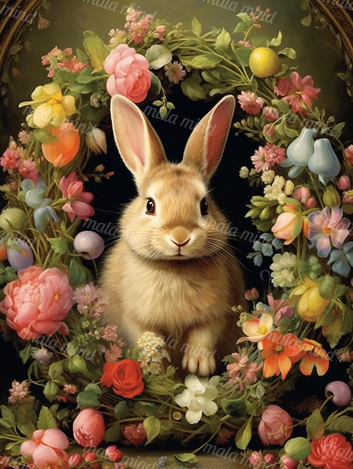 Tan rabbit surrounded by colorful flowers and green foliage on a dark background. — 02_master_artwork