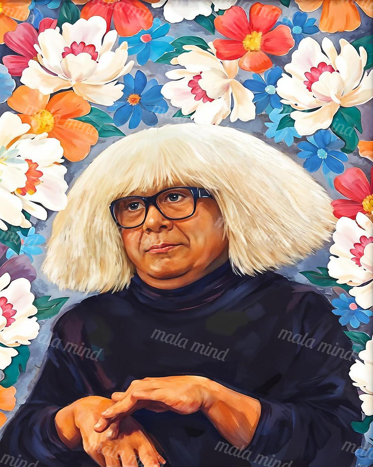 Portrait of a blonde person in dark glasses surrounded by colorful flowers and green leaves — 02_master_artwork