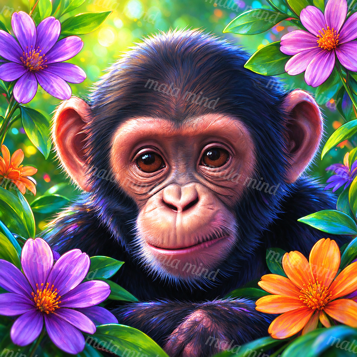 Colorful close-up chimpanzee portrait surrounded by purple and orange flowers and green leaves — 02_master_artwork