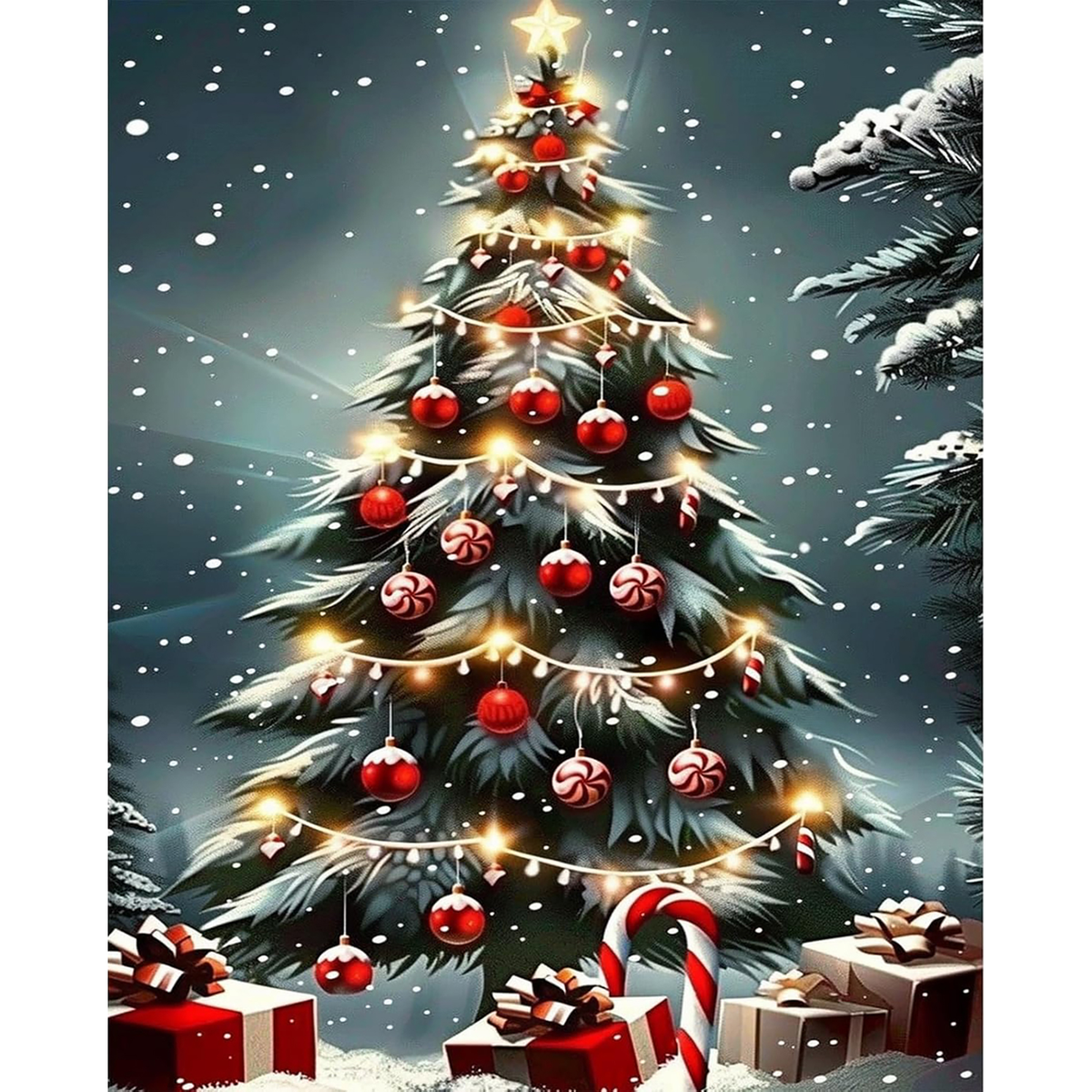 MalaMind Gallery V3 | 02 Master Artwork | CH-260921-074 | Snow-covered Christmas tree with glowing lights, red ornaments, candy canes, star, and wrapped gifts