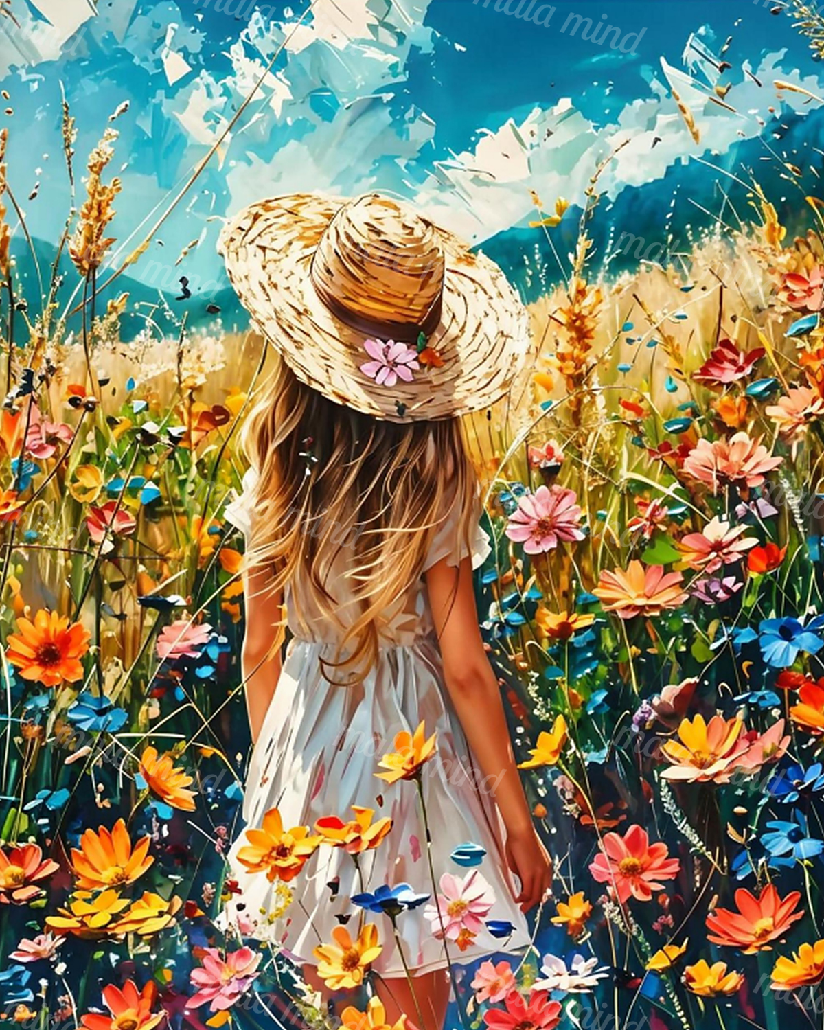 Back-facing girl in a white dress and straw hat standing in a colorful wildflower meadow — 02_master_artwork