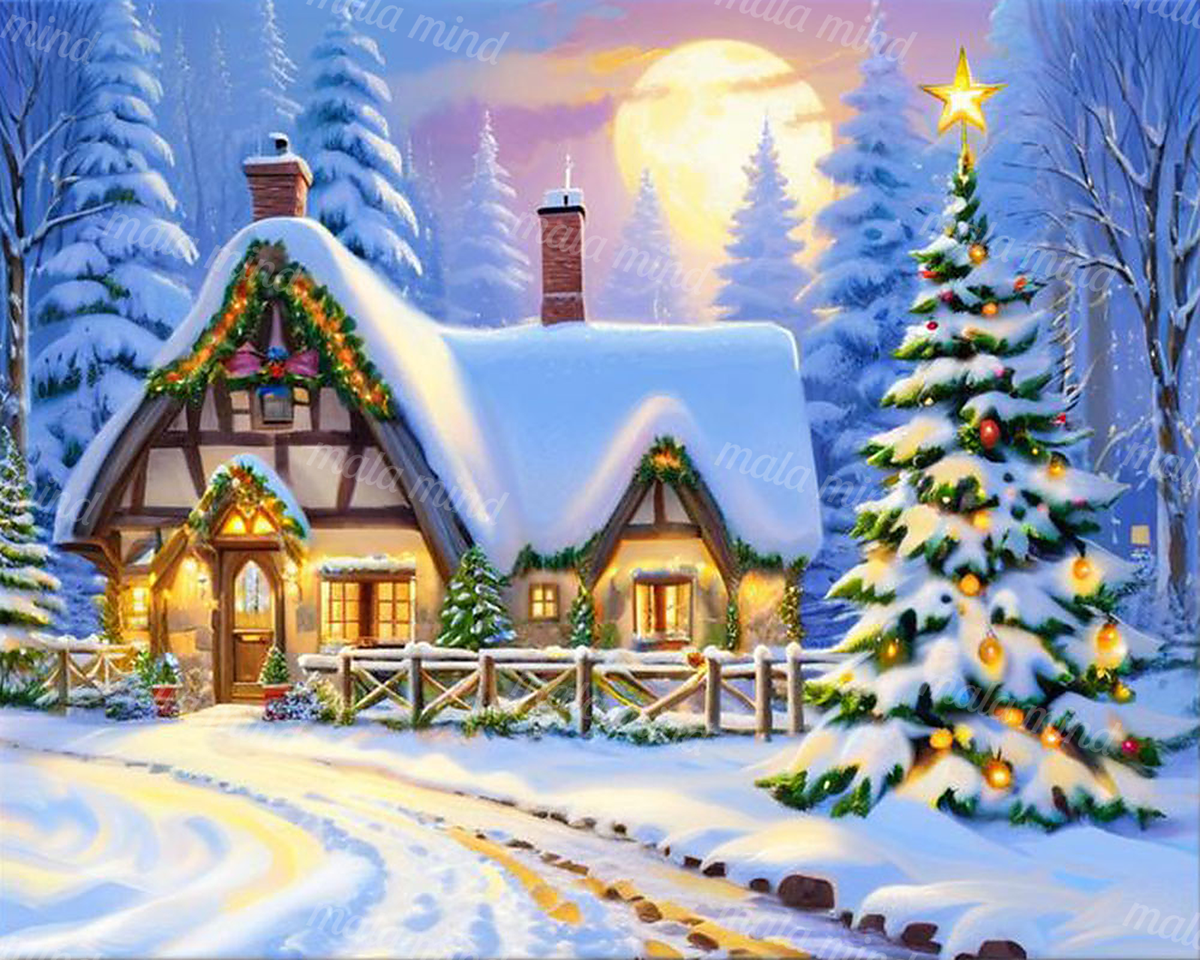 Snow-covered cottage and decorated Christmas tree under a full moon in a winter forest — 02_master_artwork