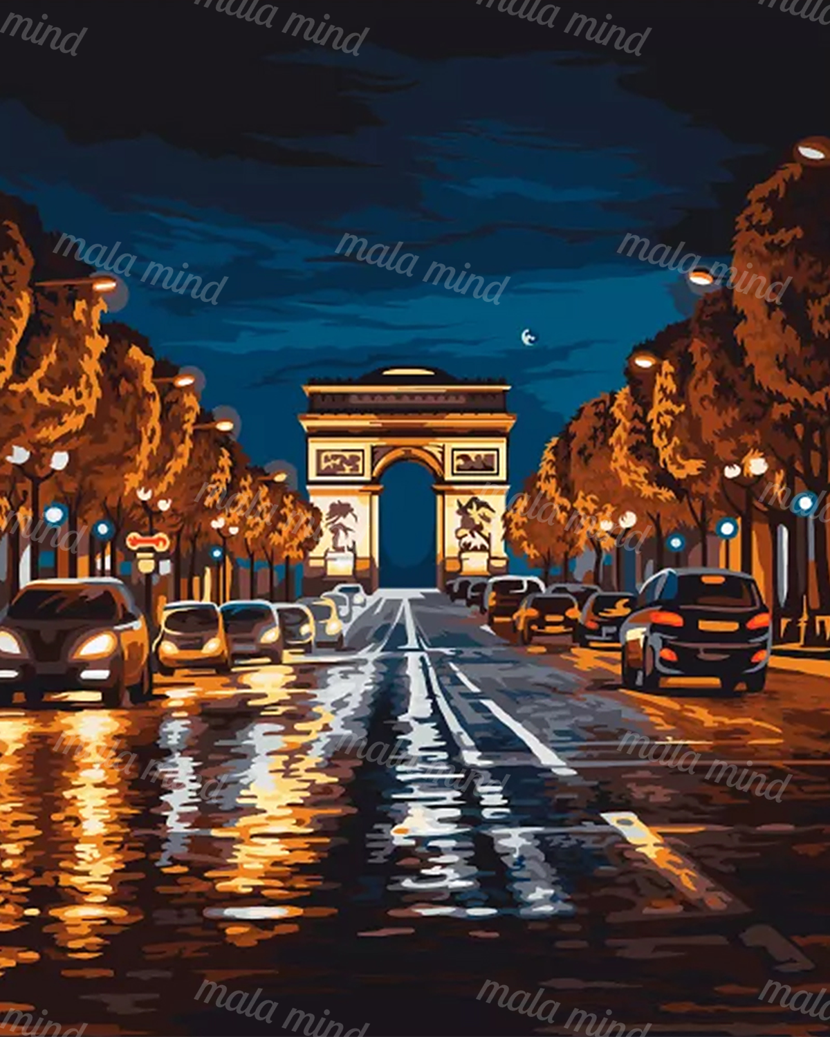 Stylized rainy nighttime boulevard with cars and autumn trees leading to the Arc de Triomphe. — 02_master_artwork