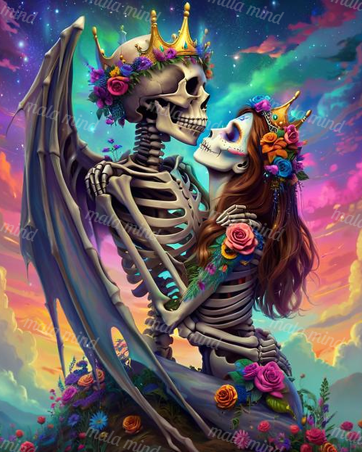 Crowned winged skeleton embracing a flower-adorned skeleton beneath a colorful starry sky — 02_master_artwork