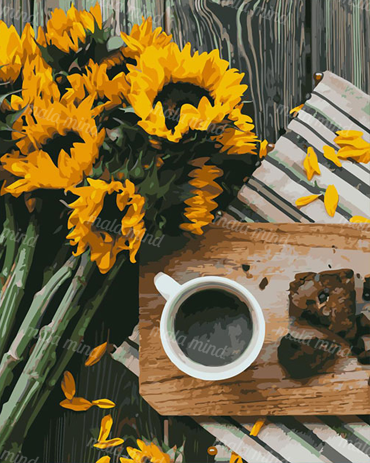 Overhead still life of sunflowers beside coffee, baked food, striped fabric, and a wooden table — 02_master_artwork