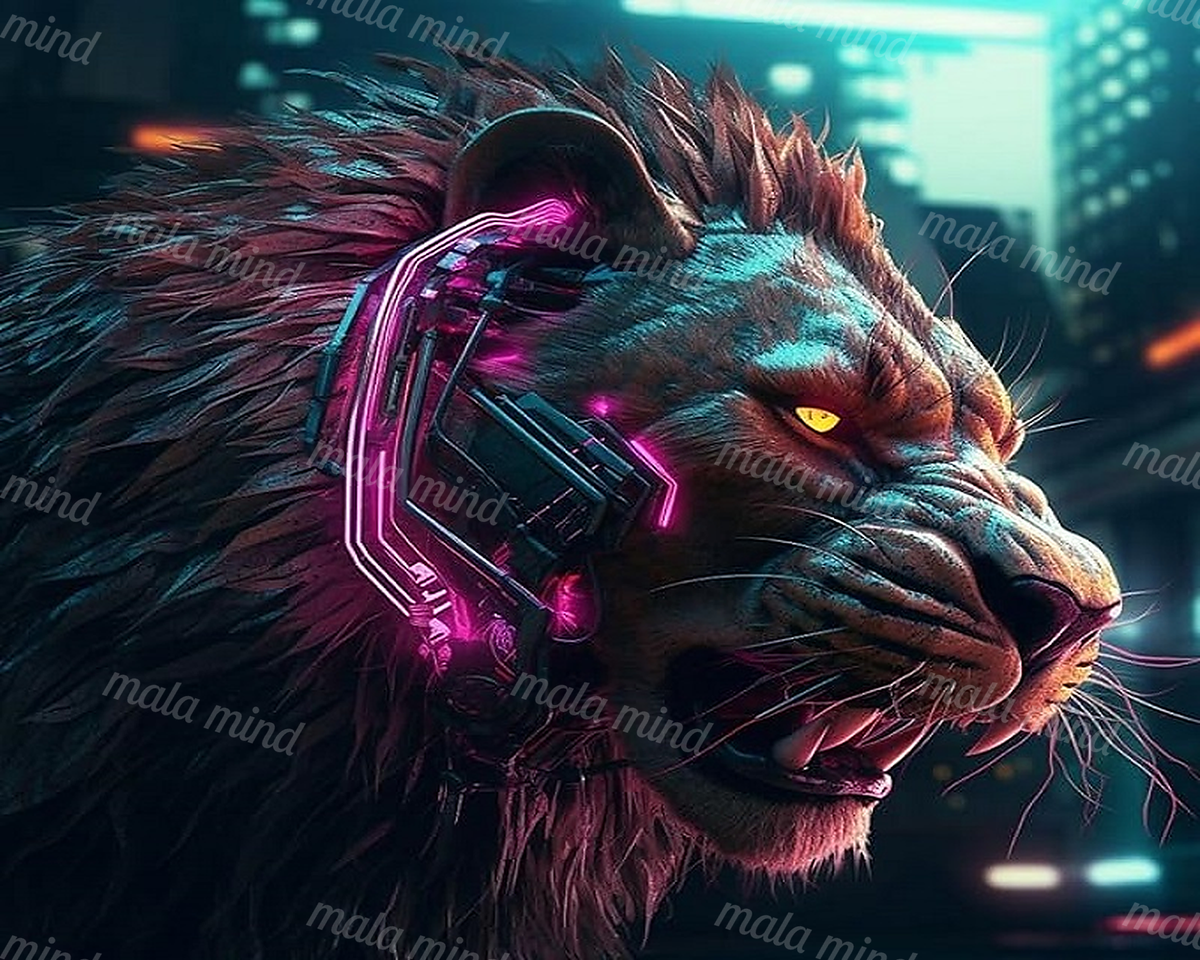 Close-up cyberpunk lion with a glowing yellow eye and neon magenta mechanical device — 02_master_artwork