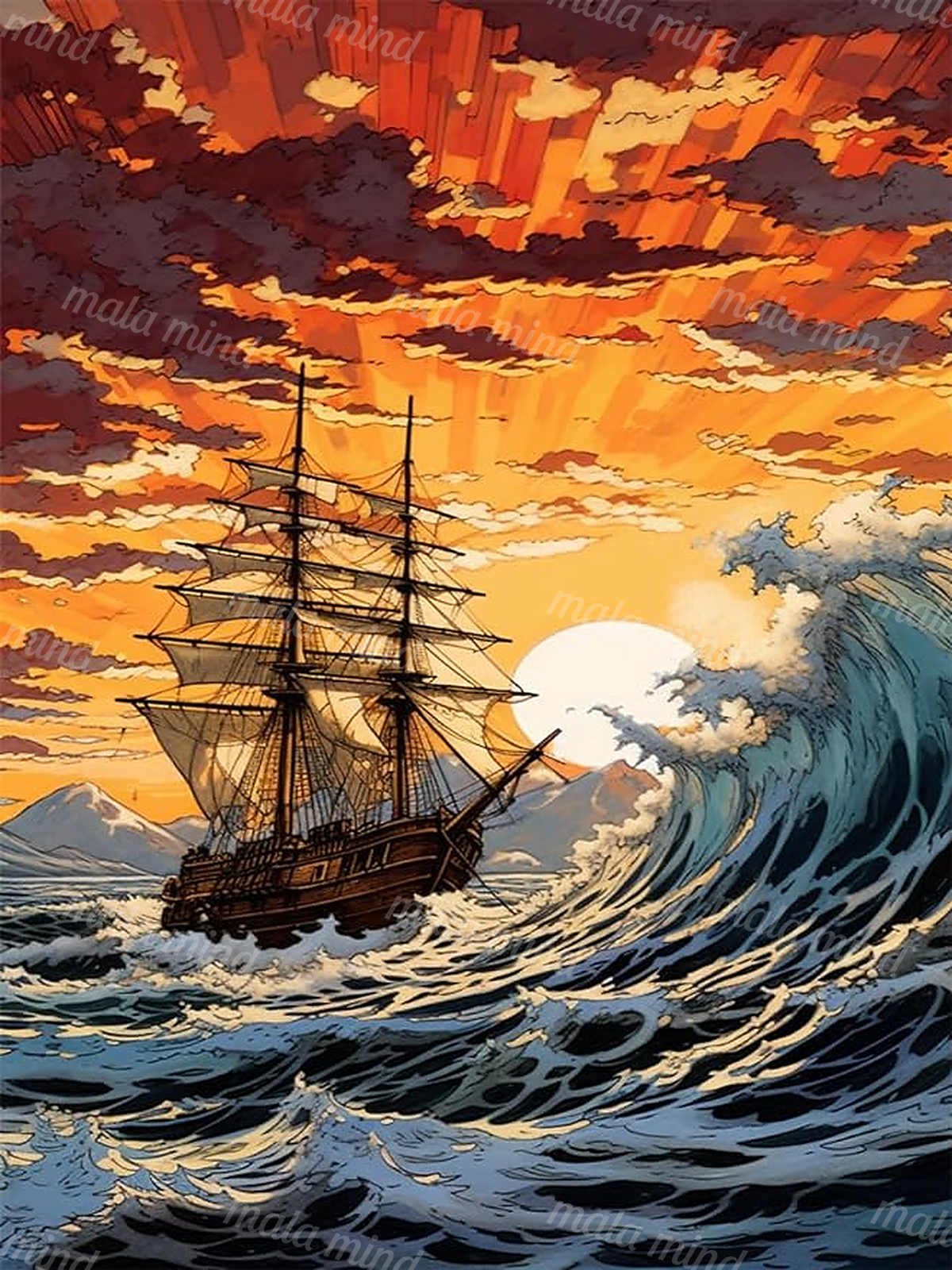 Three-masted sailing ship battling a towering ocean wave beneath an orange sunset — 02_master_artwork