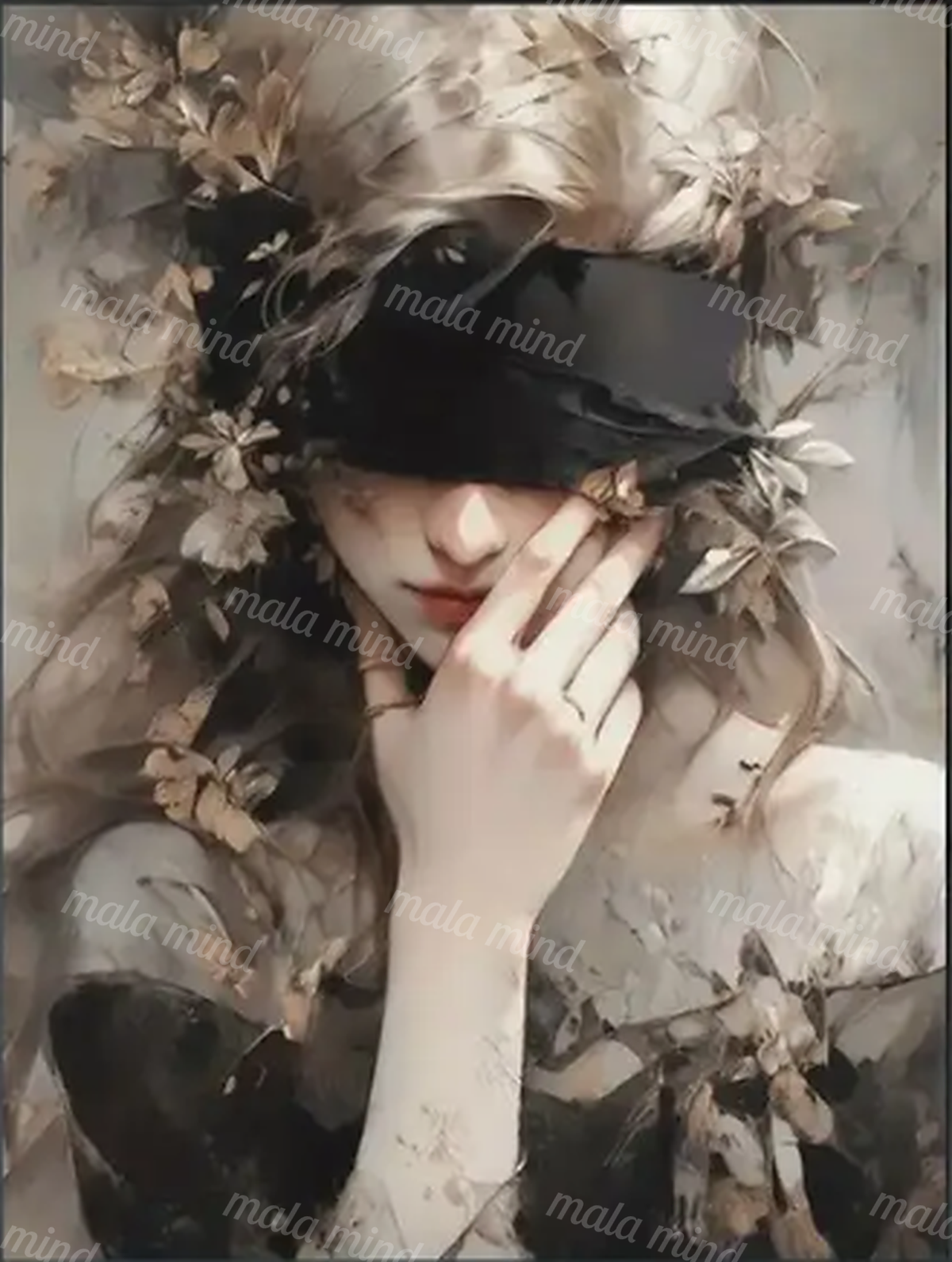 Masked woman with a raised hand, light hair, flowers, leaves, and feathers in a muted painterly portrait. — 02_master_artwork