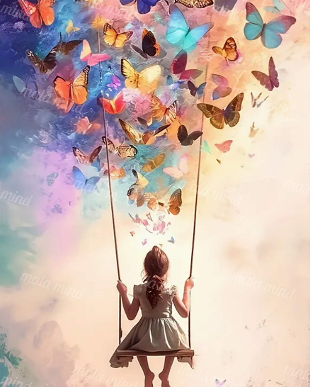 Back-facing girl in a gray dress on a swing surrounded by colorful butterflies — 02_master_artwork