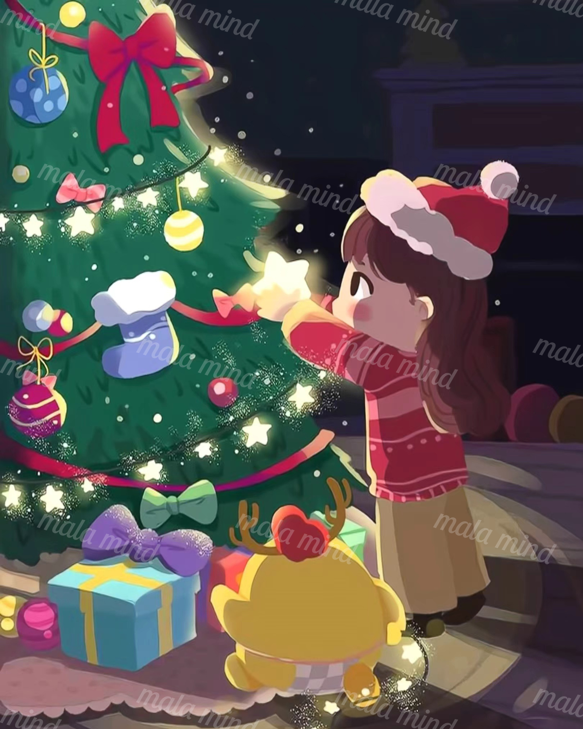 Child in a Santa hat beside a decorated Christmas tree with gifts and a reindeer figure — 02_master_artwork