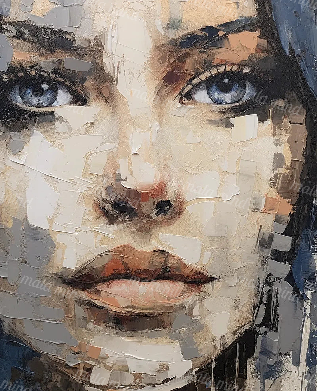 Close-up expressive portrait of a woman with blue-gray eyes and layered textured brushstrokes — 02_master_artwork