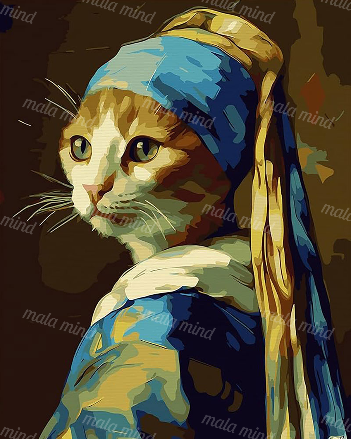 Stylized cat portrait with green eyes wrapped in blue and gold drapery against a dark background — 02_master_artwork