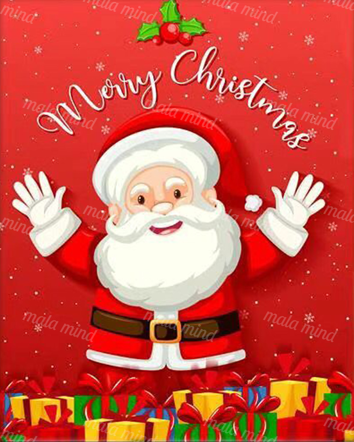 Cartoon Santa with raised hands above colorful wrapped presents on a red Christmas background — 02_master_artwork