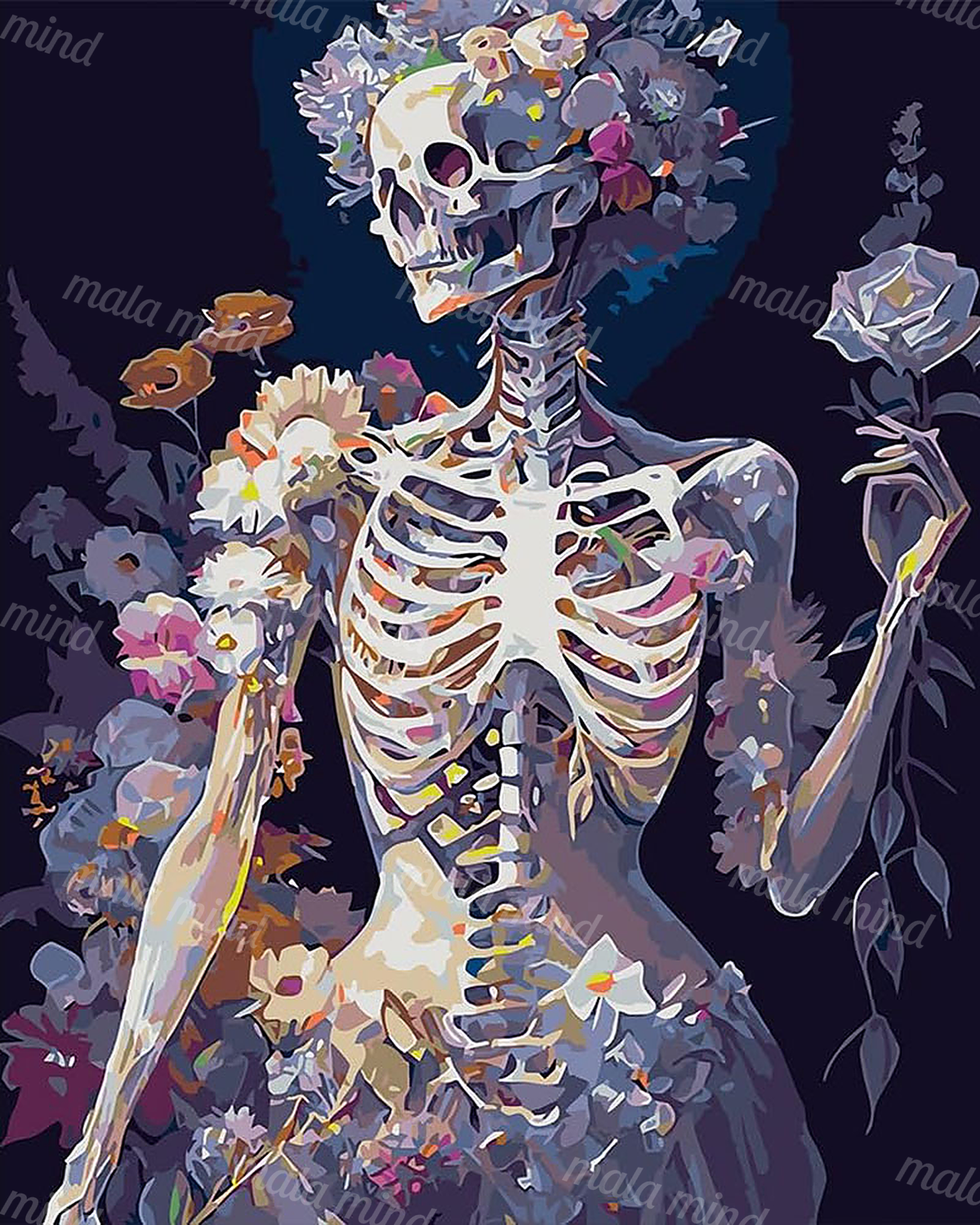 Faceted humanoid skeleton surrounded by colorful flowers against a dark navy background — 02_master_artwork