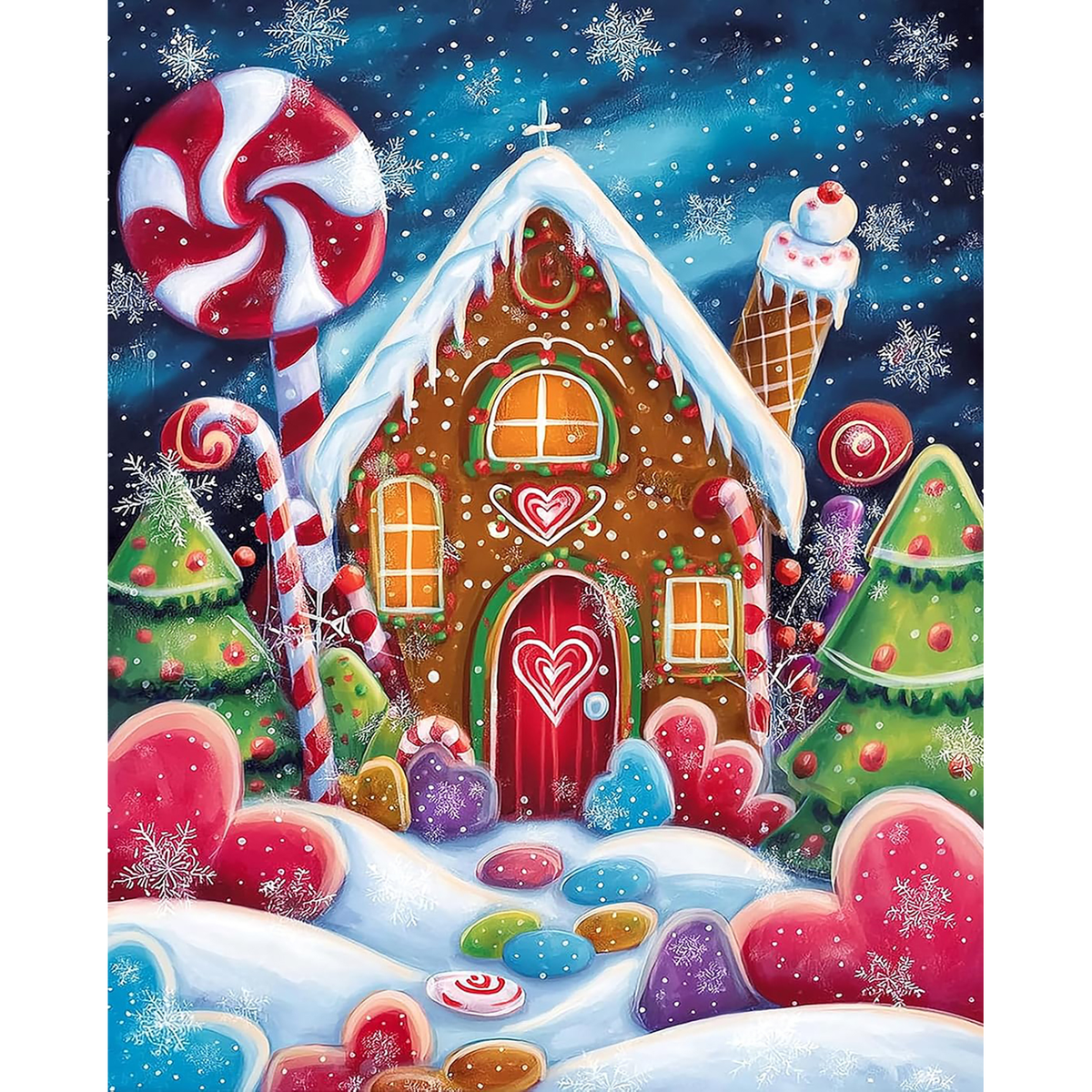 MalaMind Gallery V3 | 02 Master Artwork | CH-260921-065 | Snow-covered gingerbread house surrounded by candy trees, lollipops, snowflakes, and colorful sweets.