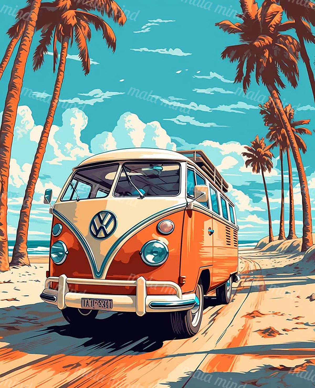 Orange-and-cream vintage van on a sandy tropical road lined with palm trees beside the ocean — 02_master_artwork