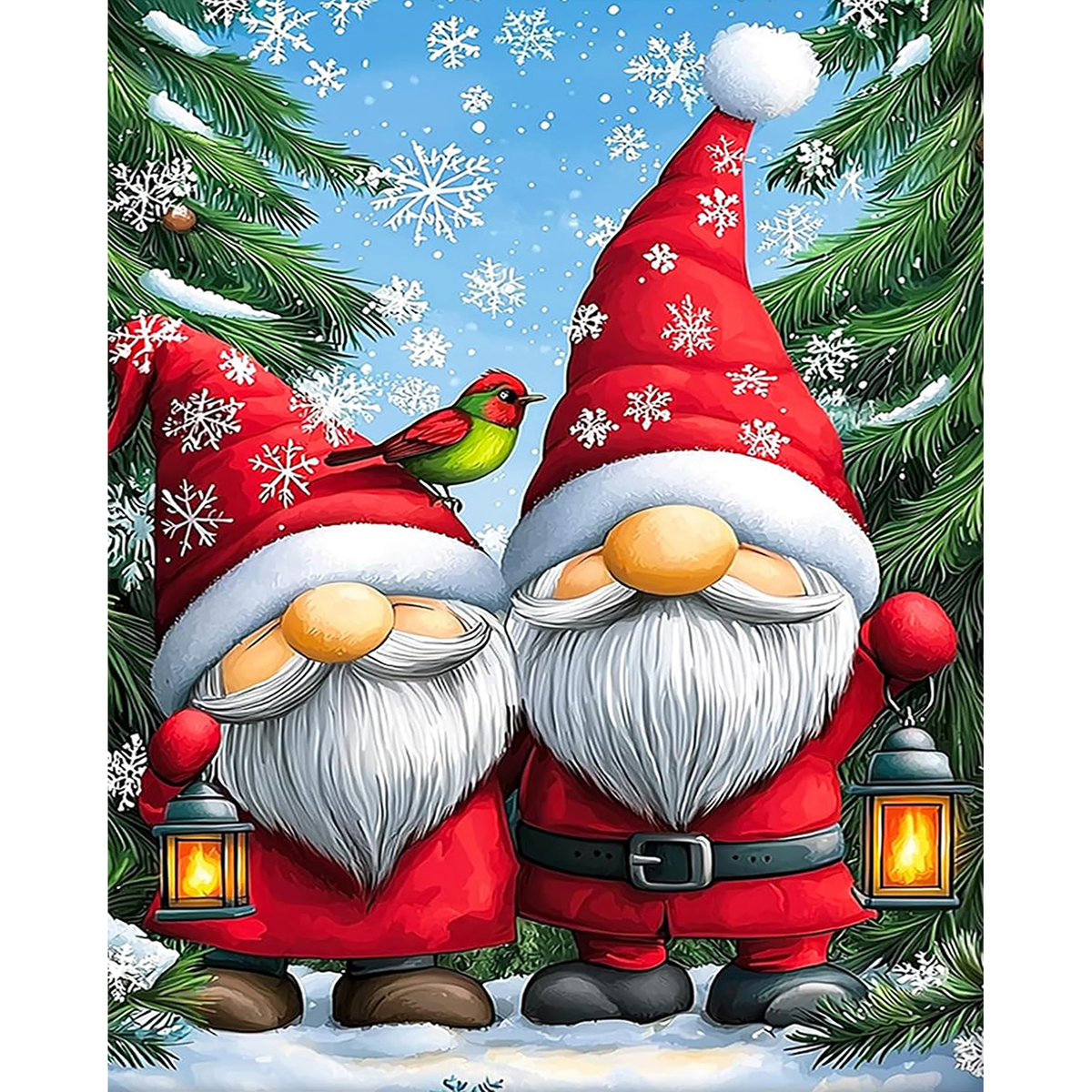 Two bearded Christmas gnomes with lanterns stand among snowy evergreens beneath falling snow.