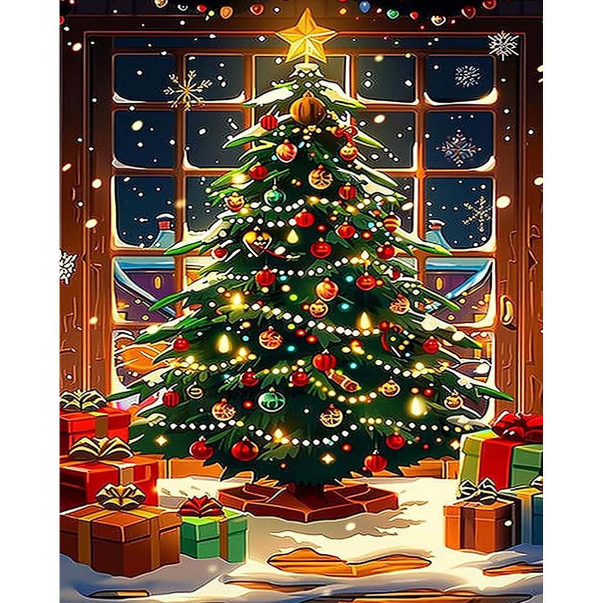 Colorful decorated Christmas tree with a gold star, snowy windows, lights, and wrapped presents