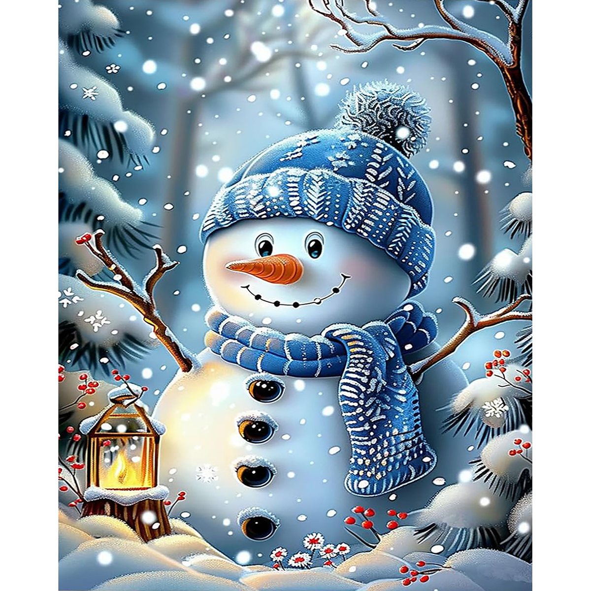 Two blue-scarfed snowmen stand among snowy evergreens, red berries, falling snow, and a glowing lantern.