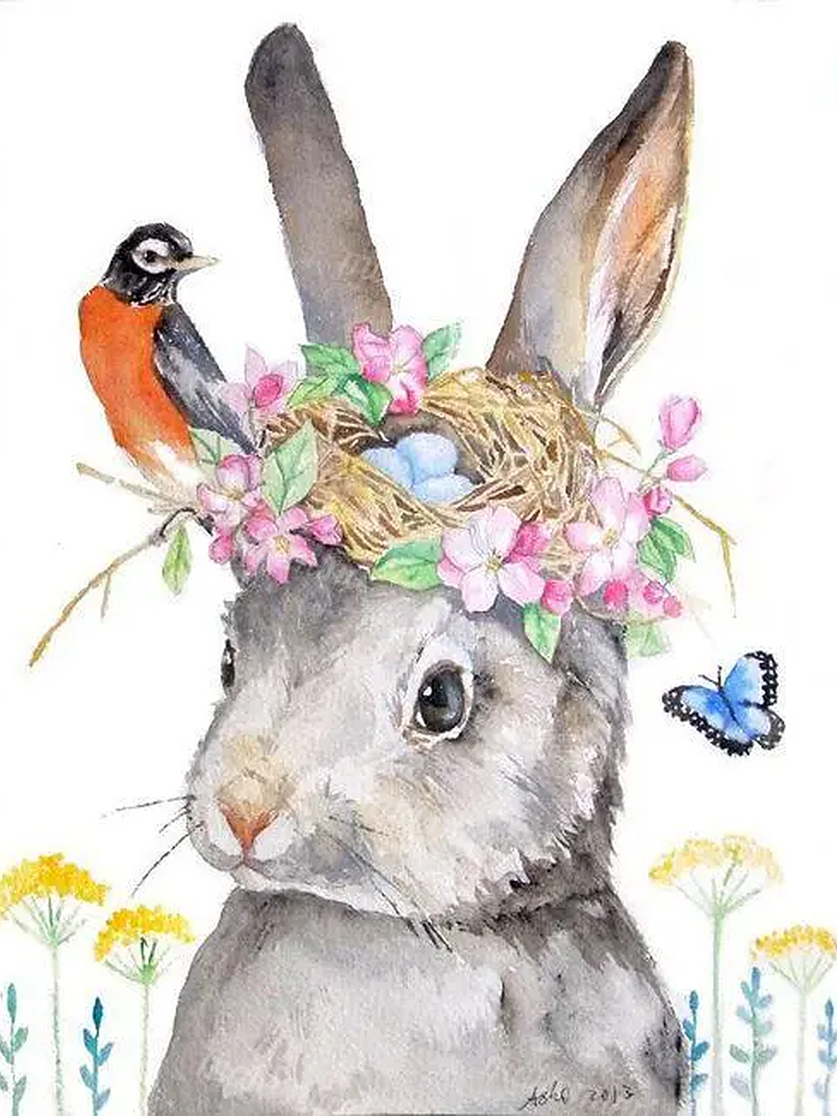 Watercolor gray rabbit wearing a floral twig headpiece with a bird, butterfly, and wildflowers — 02_master_artwork