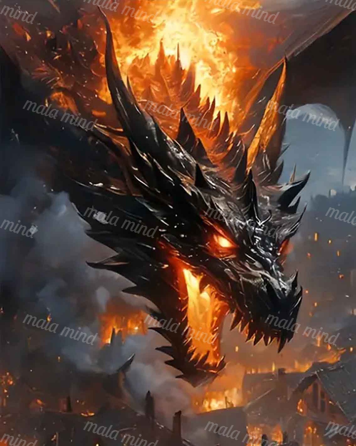 Black dragon with a glowing eye surrounded by flames, smoke, and burning structures — 02_master_artwork
