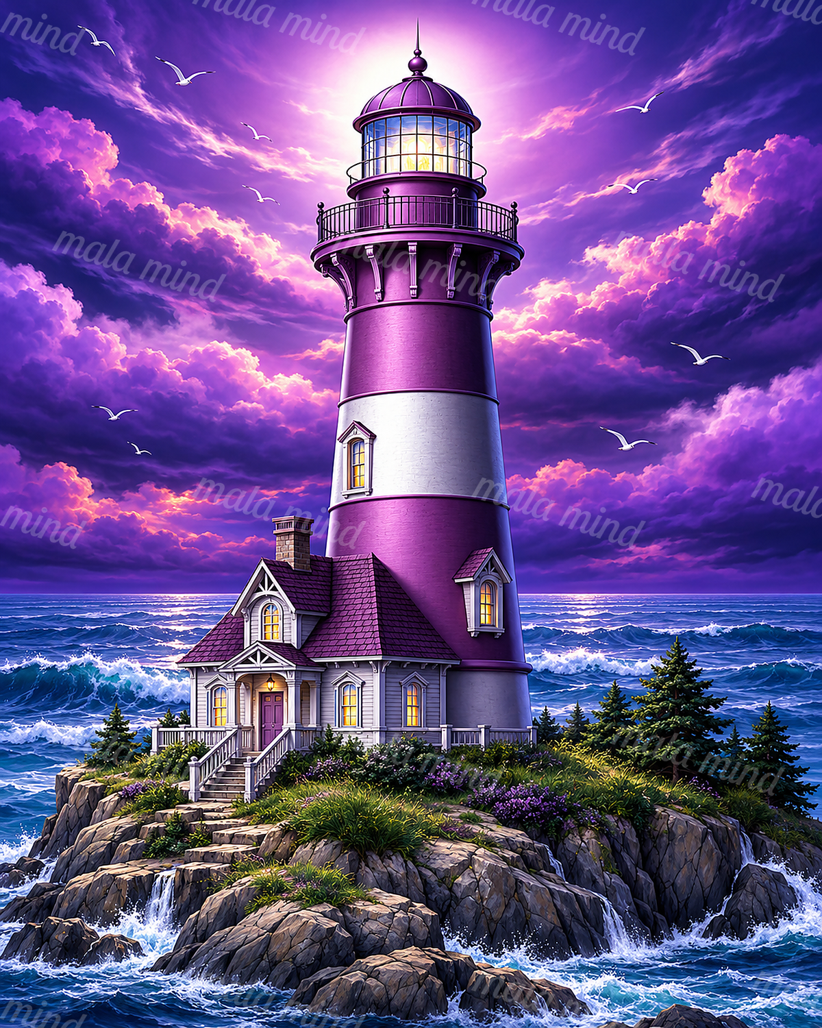 Purple lighthouse and coastal house on a rocky islet with waves, seabirds, and violet clouds — 02_master_artwork