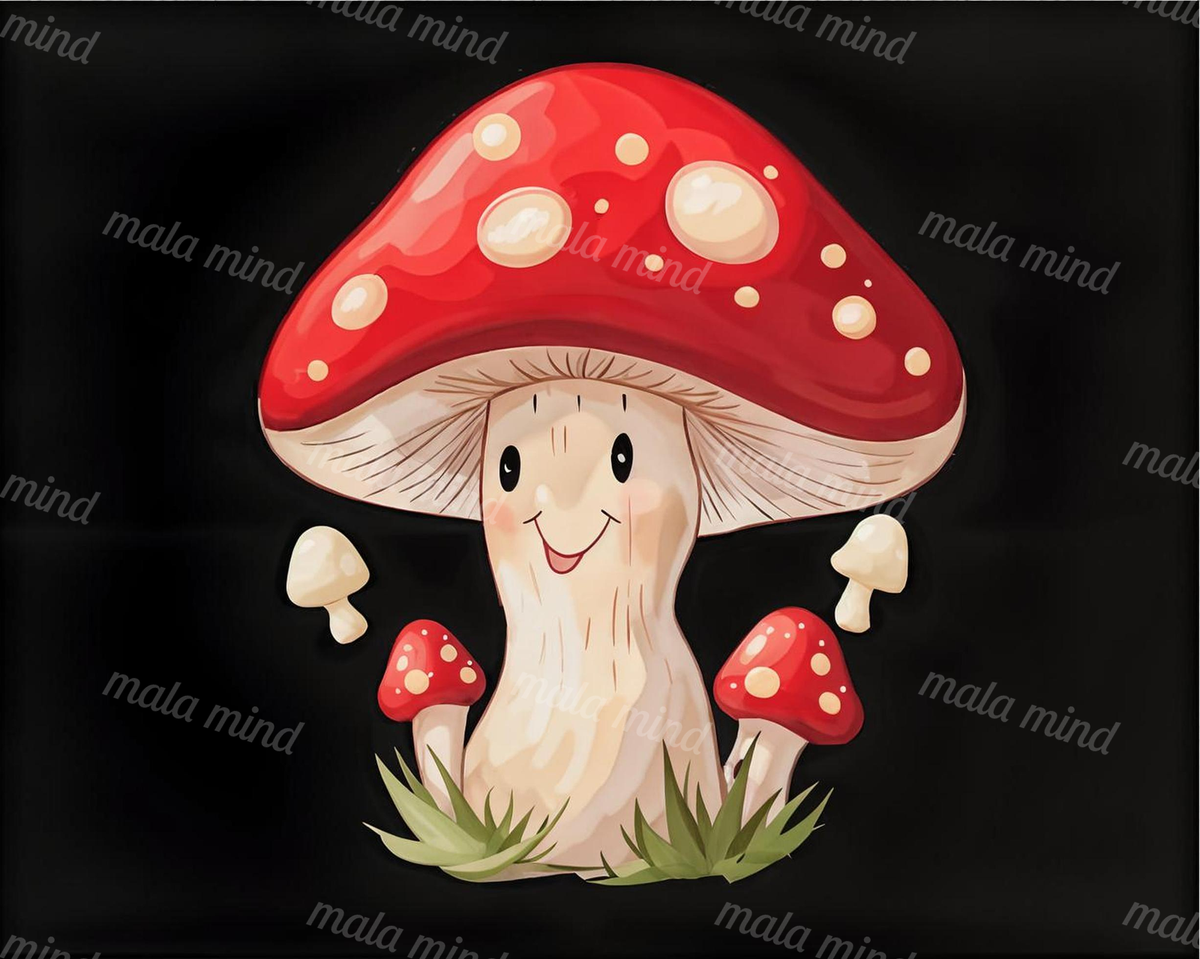 Smiling red-capped mushroom character surrounded by smaller mushrooms and grass on a black background — 02_master_artwork