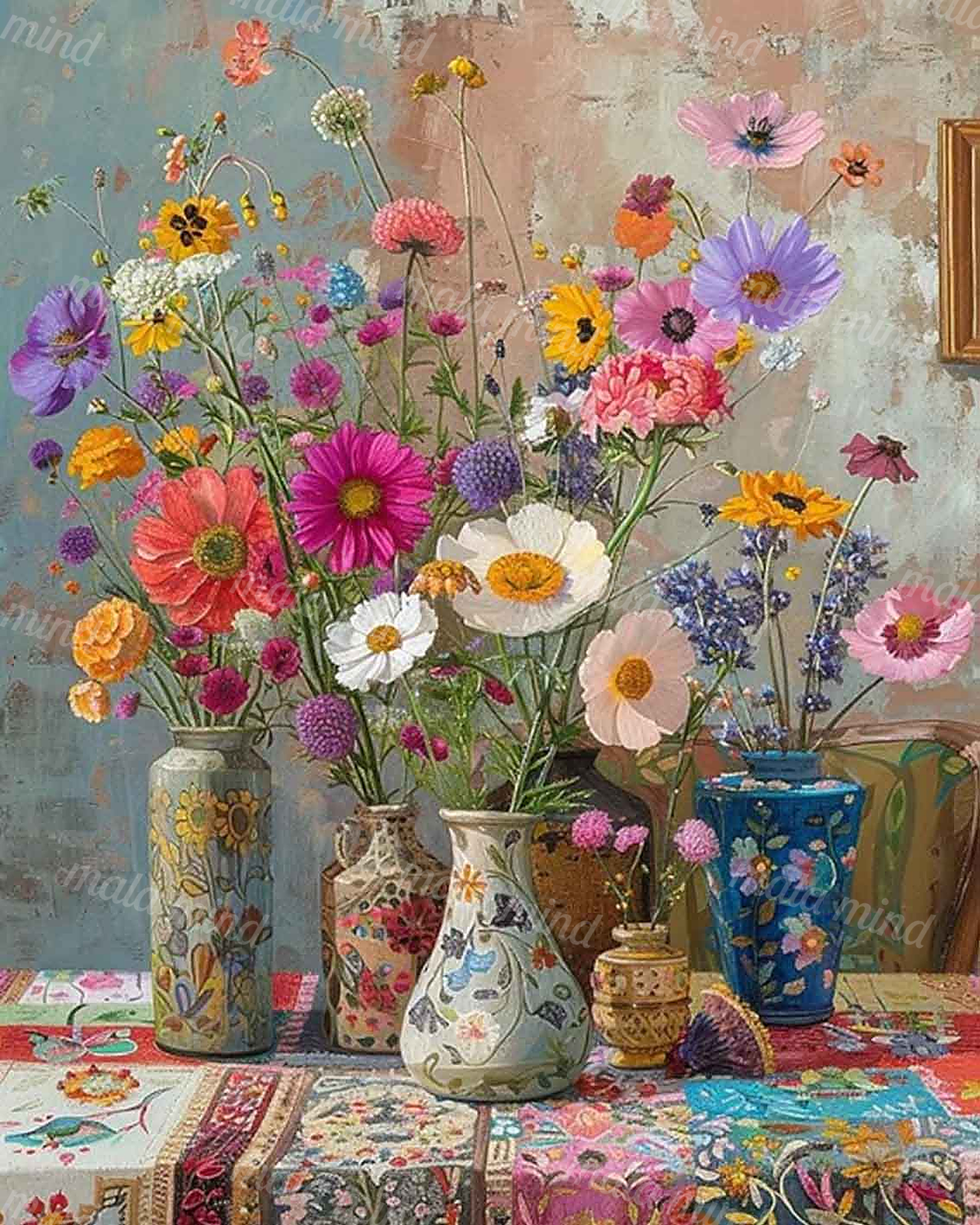 Colorful flowers arranged in patterned vases on a richly decorated textile — 02_master_artwork
