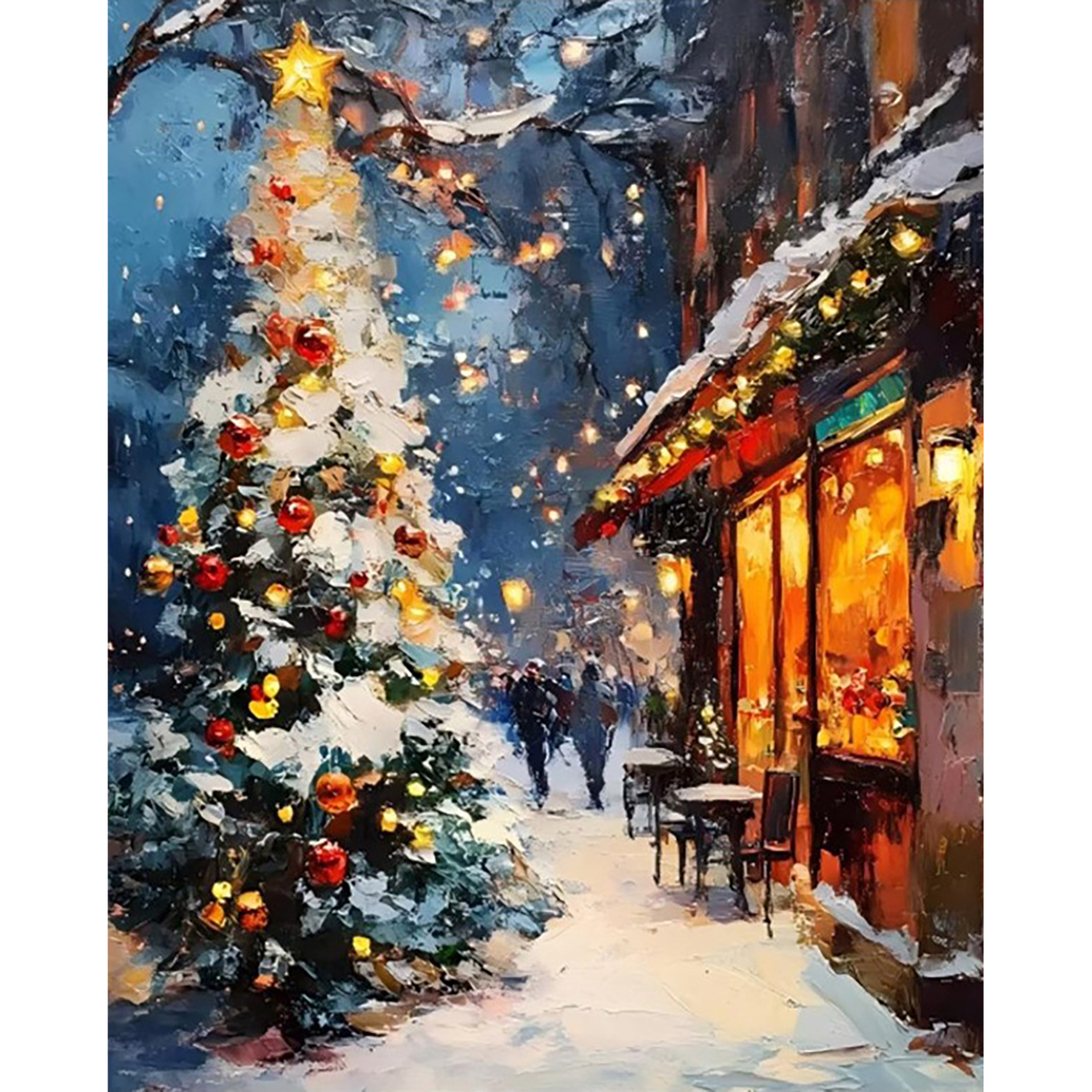 Snow-covered Christmas tree beside a warmly glowing shop on a narrow snowy village street