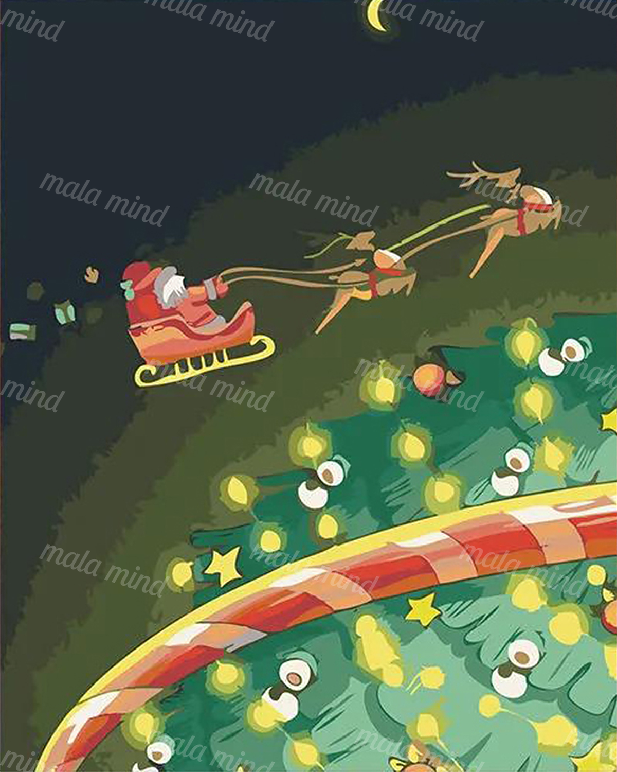 Cartoon Santa in a red sleigh flying with reindeer above a decorated Christmas tree at night — 02_master_artwork