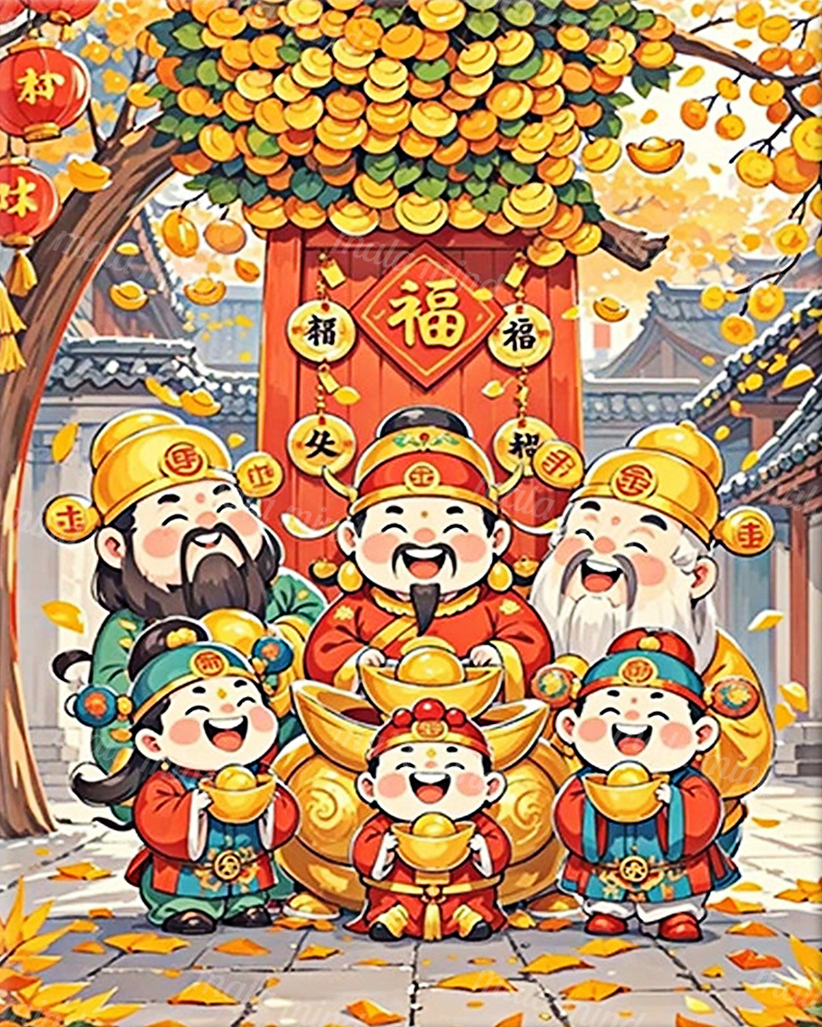 Six smiling figures holding golden bowls beneath an ornament-covered tree in a festive Chinese courtyard — 02_master_artwork