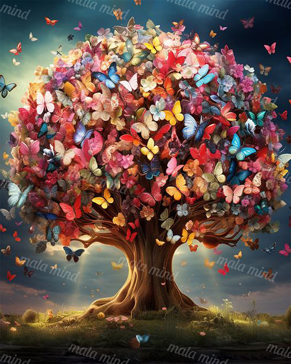Large flowering tree covered with colorful butterflies in a grassy meadow beneath a dark teal sky — 02_master_artwork