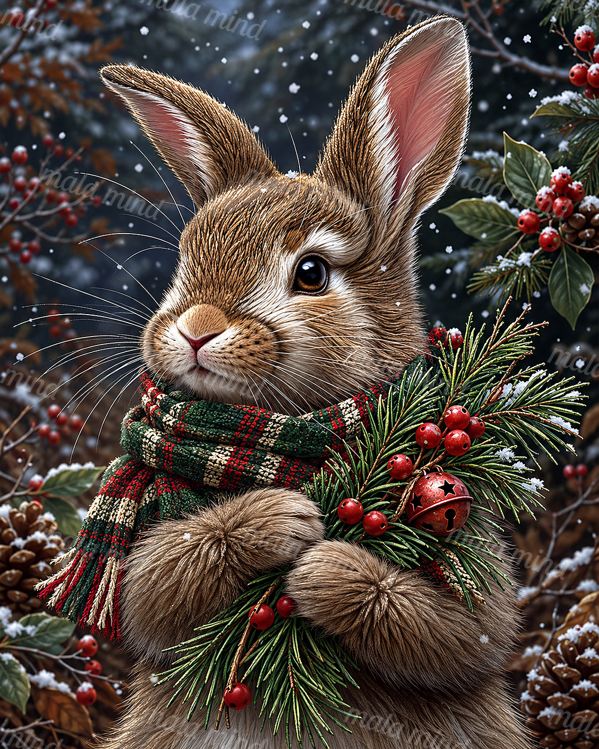 Brown rabbit wearing a red and green scarf among snowy evergreens, berries, pine cones, and a red bell. — 02_master_artwork