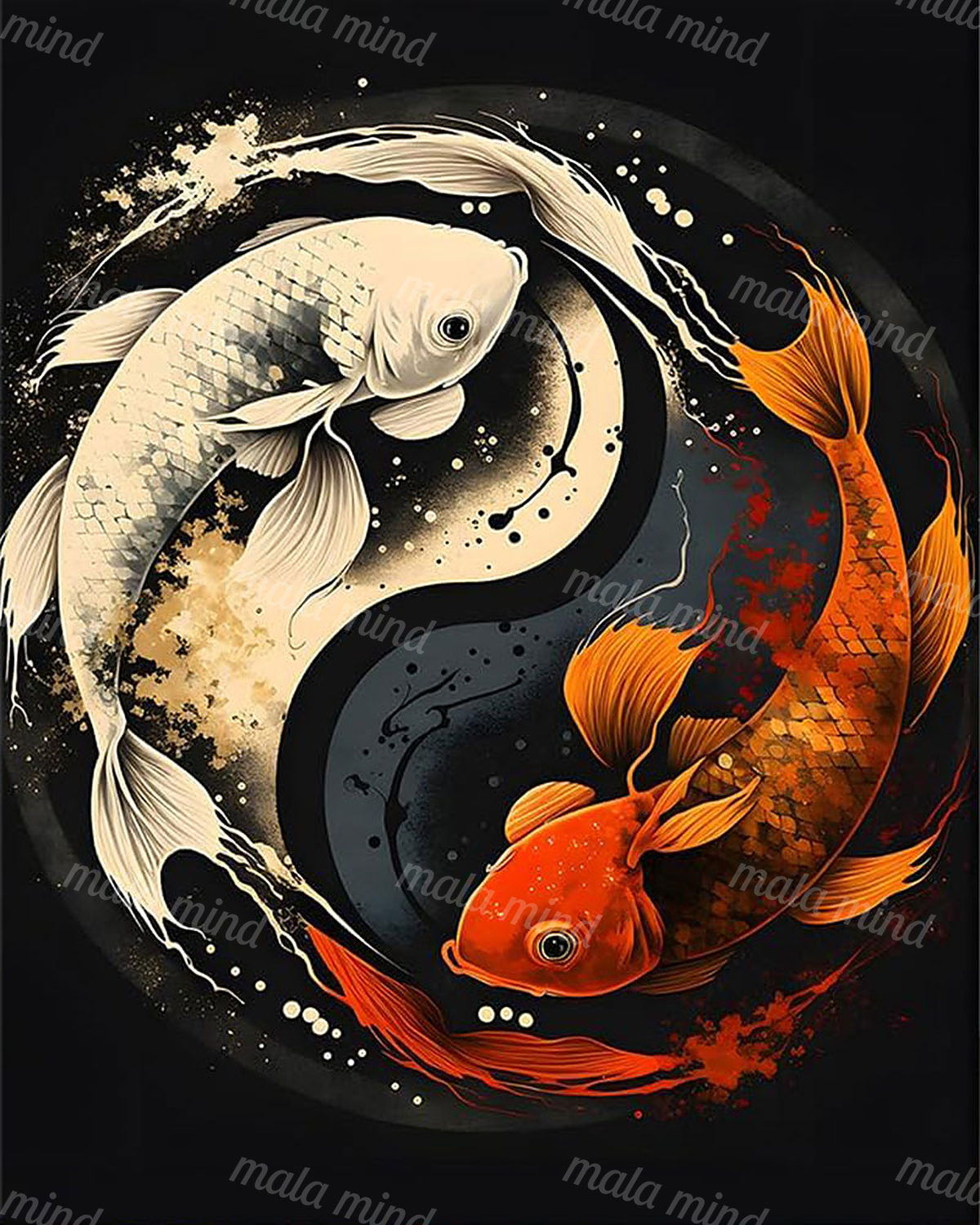 Three cream and orange koi fish swirl around a pale center on a dark background. — 02_master_artwork