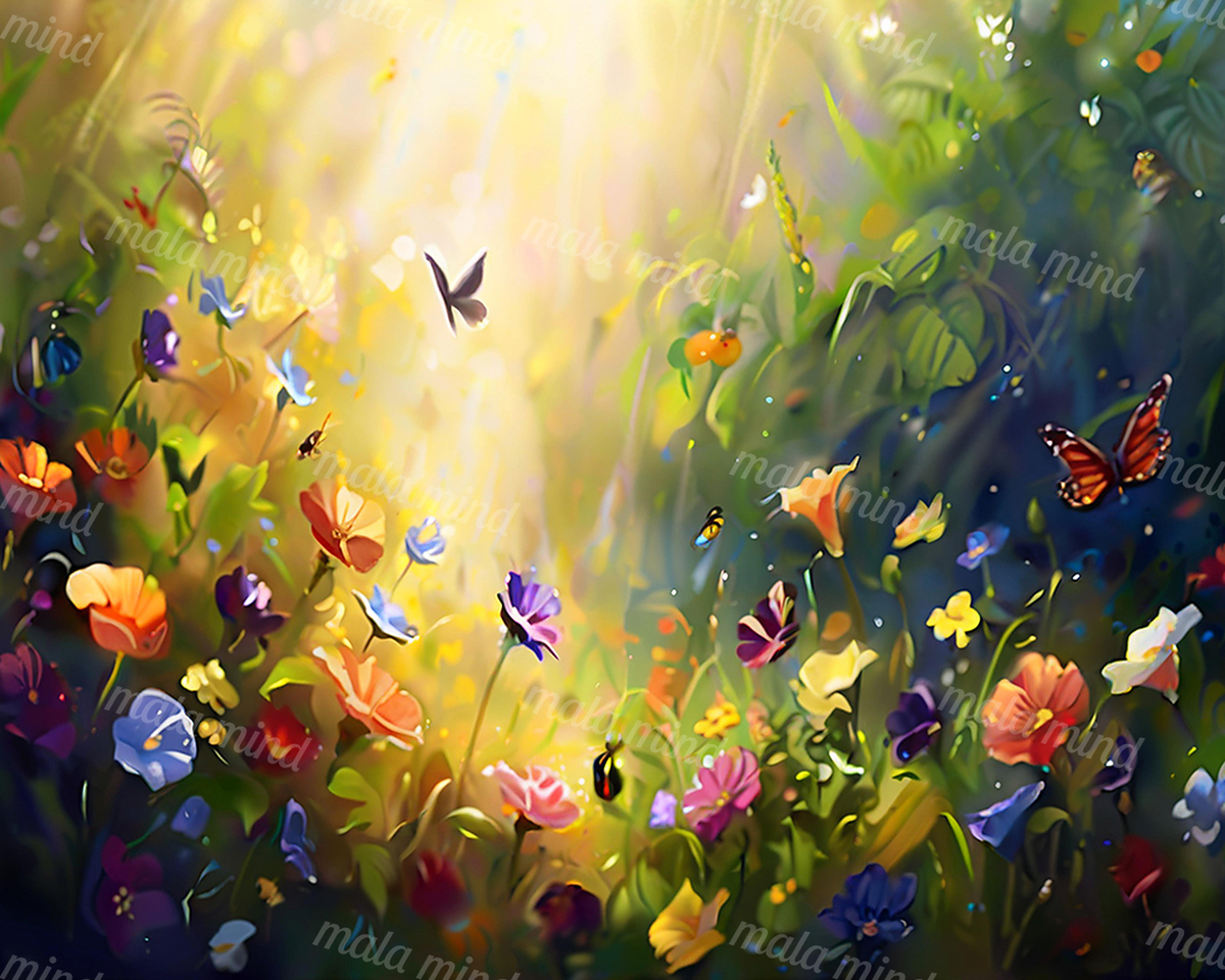 Colorful butterflies and wildflowers surround a bright shaft of sunlight in a lush garden. — 02_master_artwork