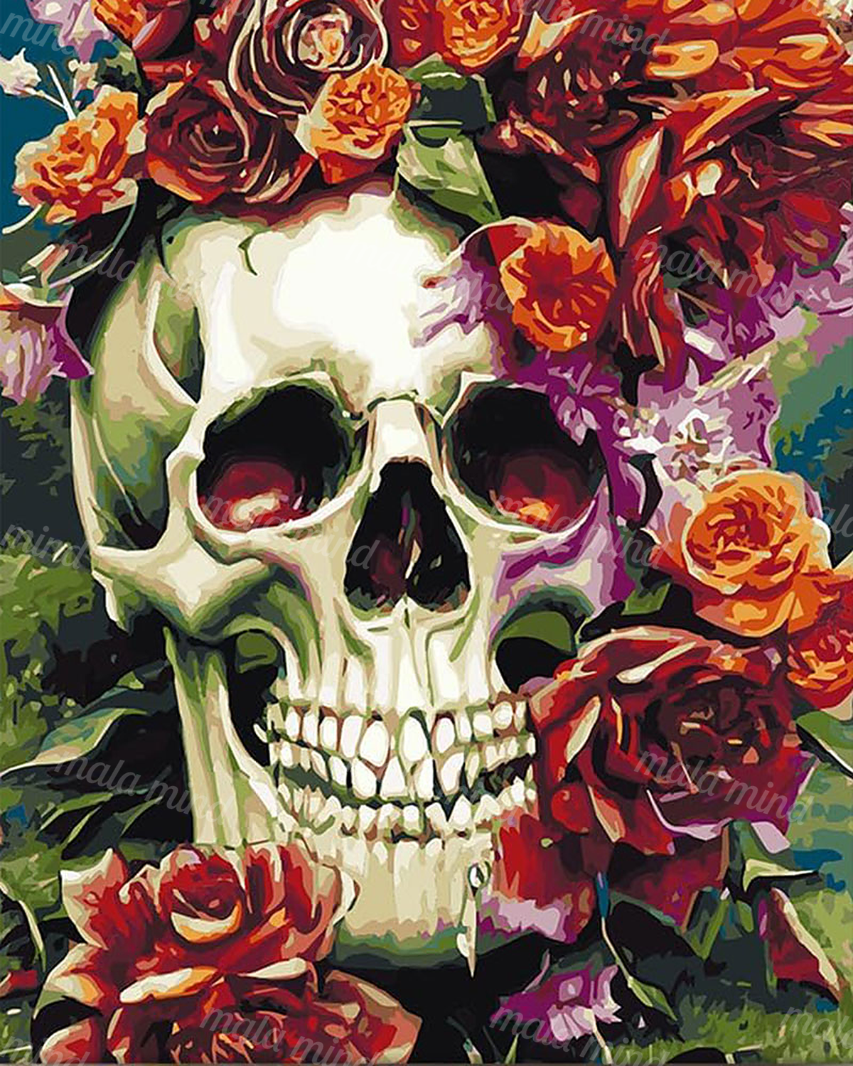 Pop-art human skull surrounded by red, orange, purple, and green flowers — 02_master_artwork